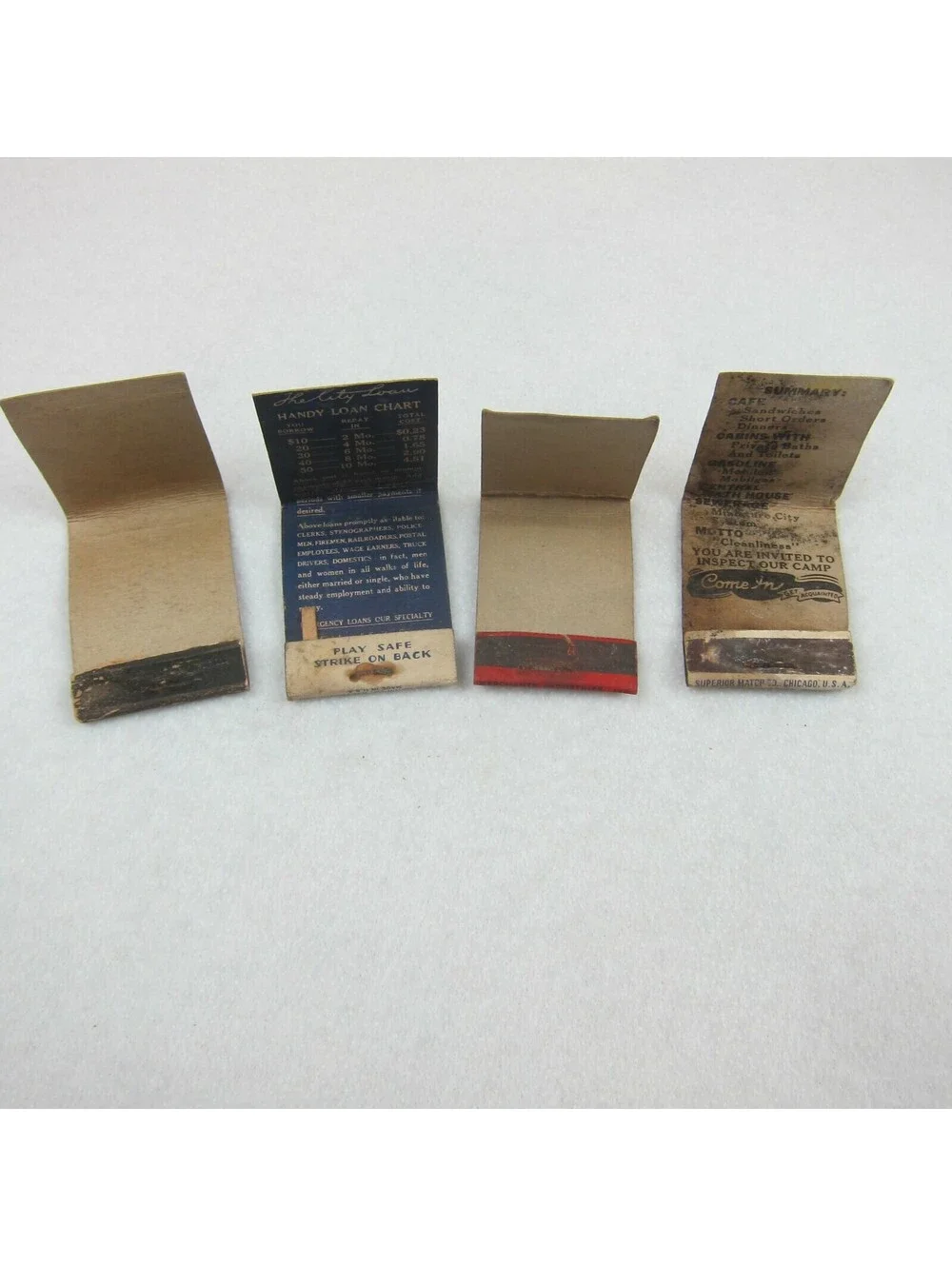 4 Vintage Matchbook Cover Coca Cola City Loan Gem City Blue Print McDonalds Camp